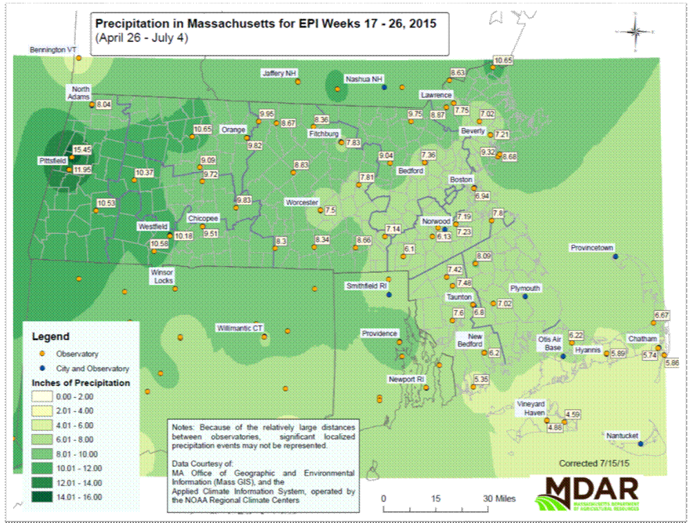 Precipitation in MA for EPI Weeks 17-26, 2015